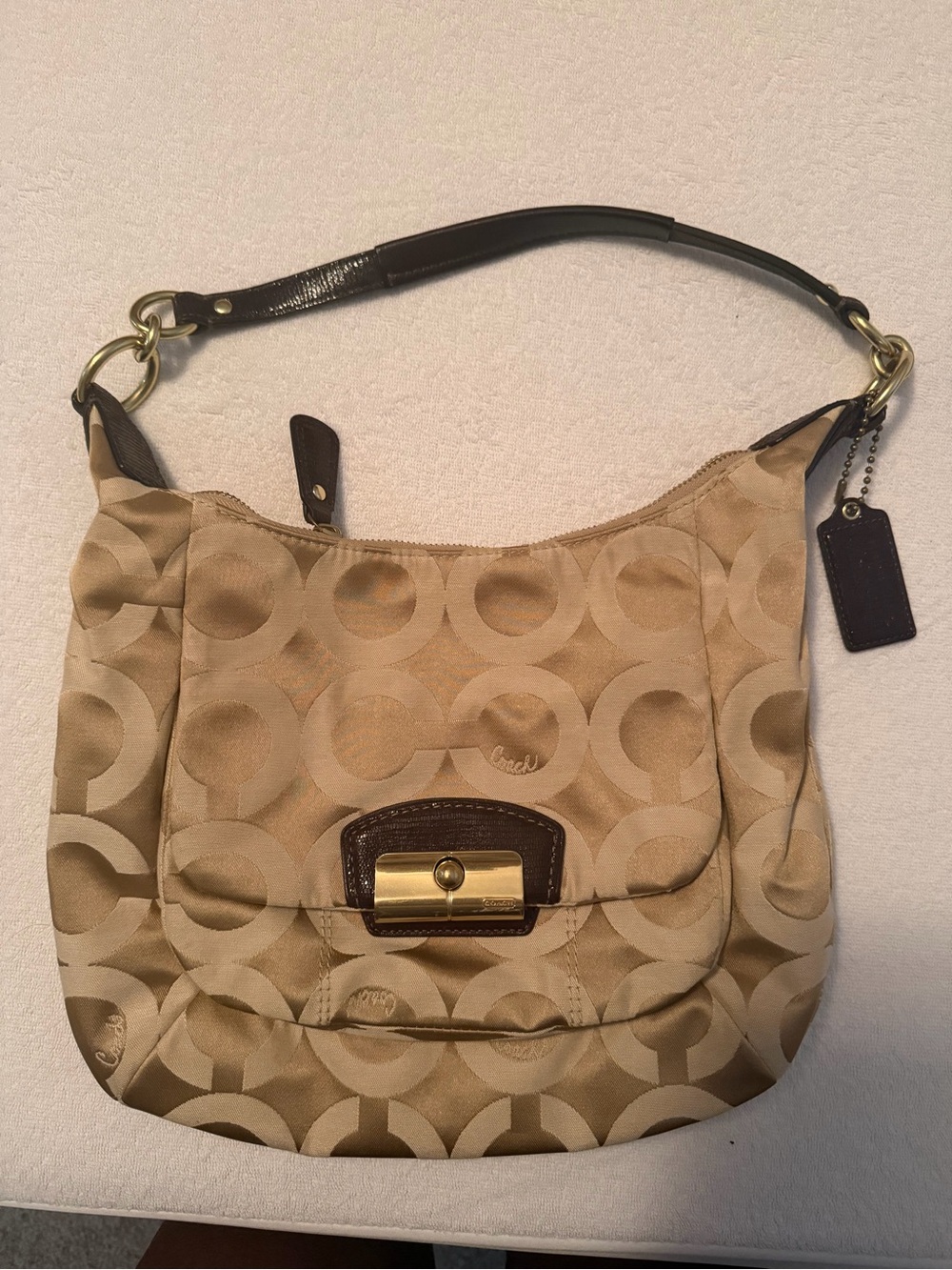 Coach Beige Circle Signature Shoulder Bag with Chestnut Trim